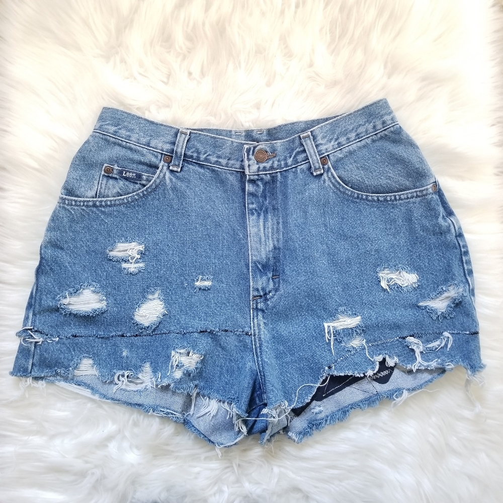 Vintage Lee Distressed Blue Denim Shorts